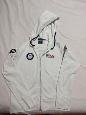 Polo by Ralph Lauren White Zip-Up Hoodie with Navy Accents